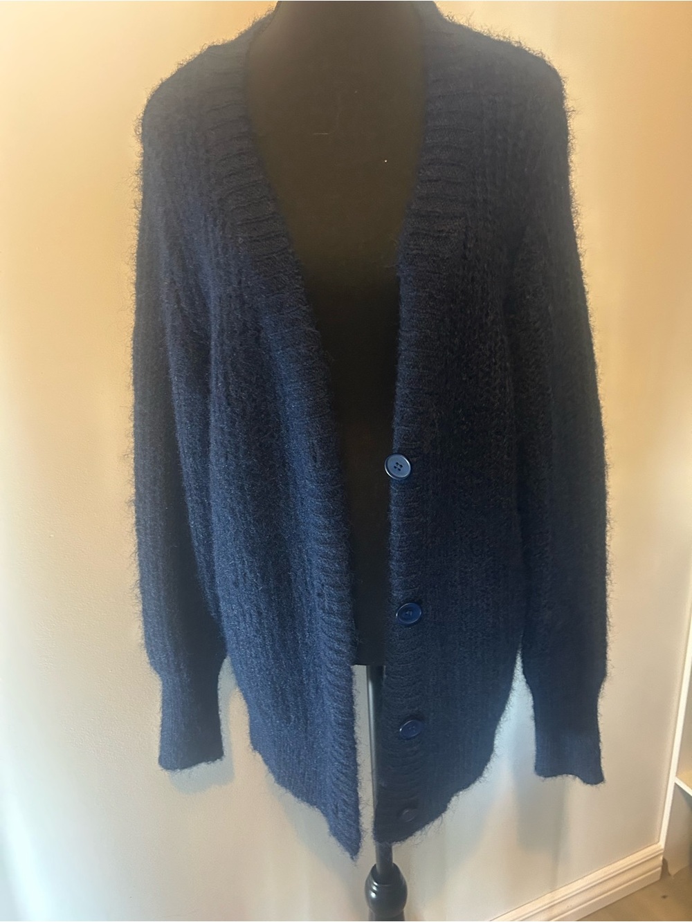 Kaffe Cozy Navy Fuzzy Button-Front Cardigan